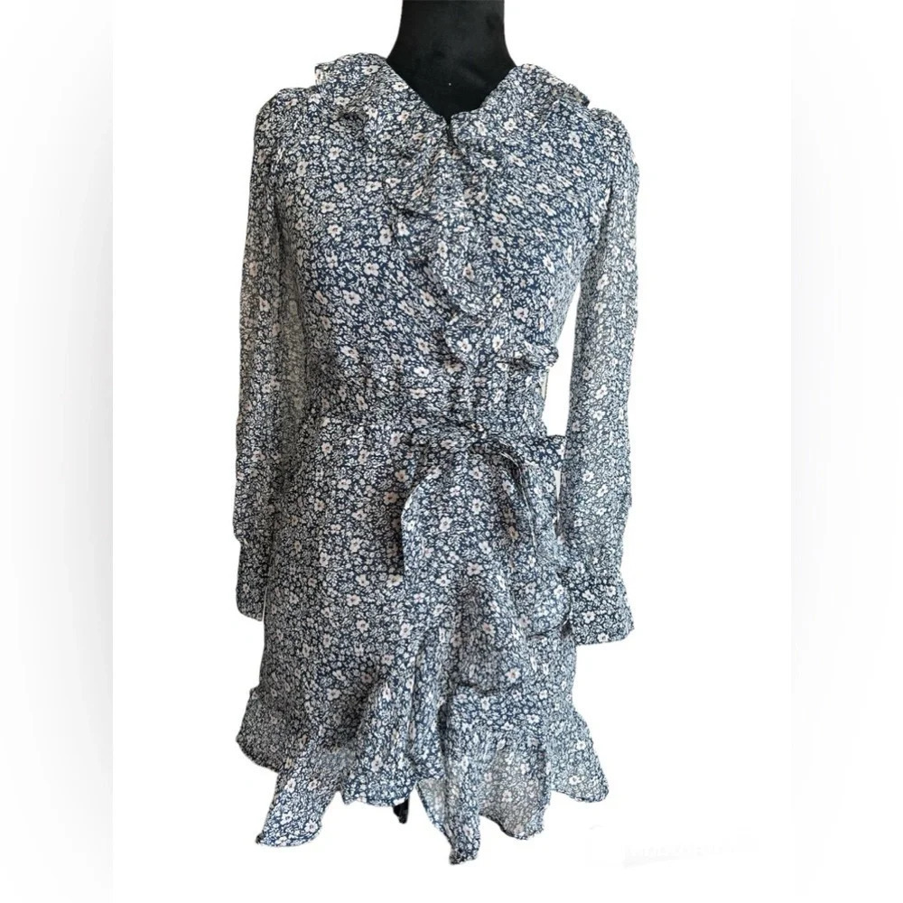 Bardot Junior Size 14 Esther Wrap Dress Blue Ditsy Floral Ruffle New